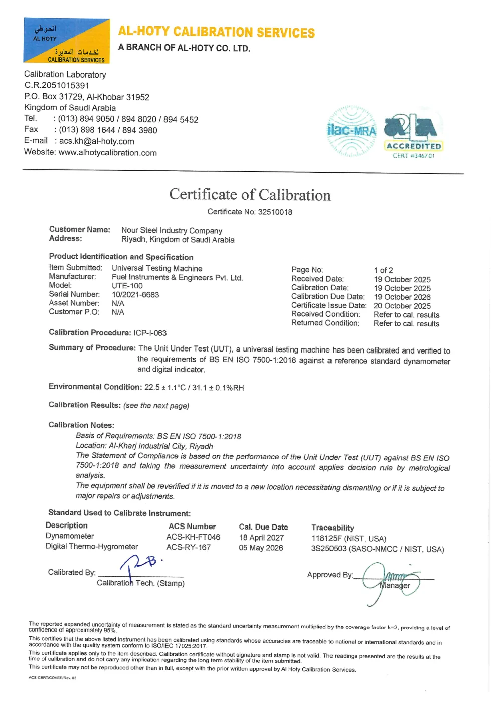 Al Hoty Calibration Certificate